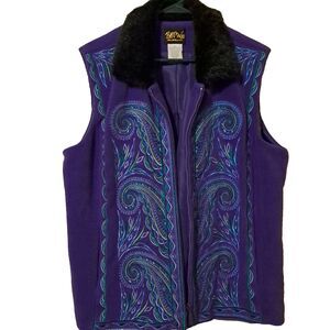 Bob Mackie Wearable Art Purple Embroidered Zip Up Fleece Vest SZ XL